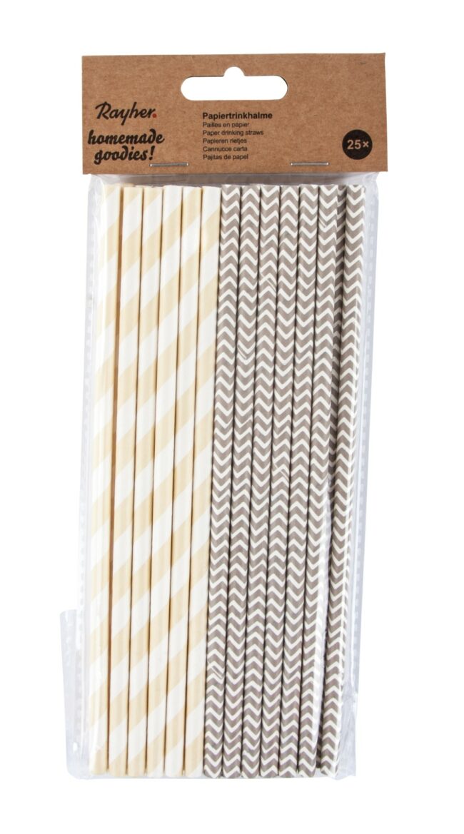 PAPER DRINKING STRAWS FOOD SAFE BEIGE STRIPED - 25 PCS - Image 2