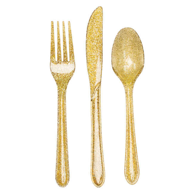 PLASTIC GLITTER GOLD ASSORTED CUTLERY 24PCS