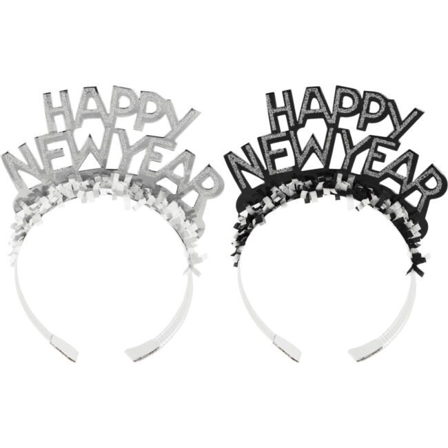 HAPPY NEW YEAR TIARA BLACK/SILVER FRINGE ASSORTED