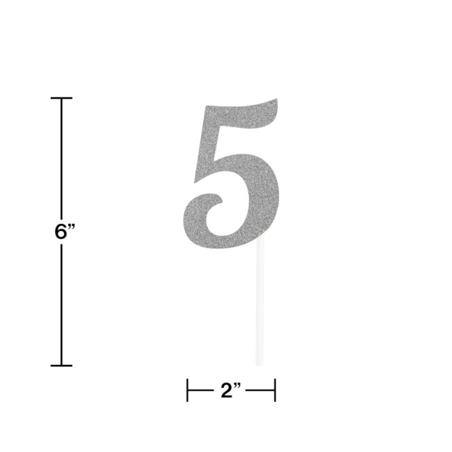 CAKE TOPPER NUMBER 5 GLITTER SILVER 15.24X5.08CM - Image 6