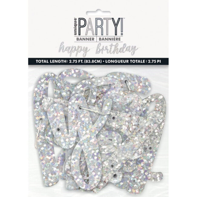 FOIL JOINTED BANNER HAPPY BIRTHDAY GLITTER SILVER 83.8CM - Image 3