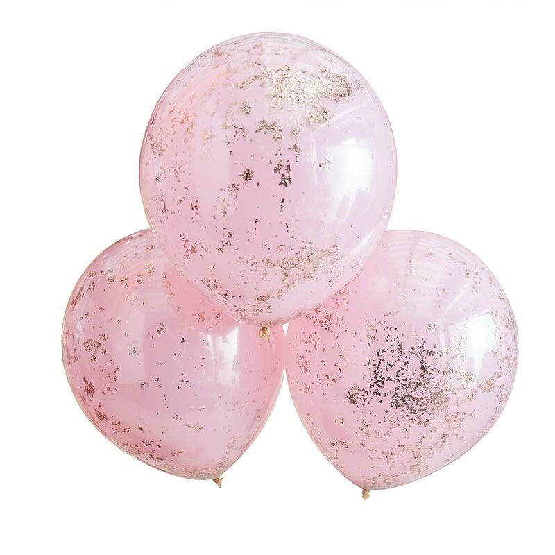 DOUBLE LAYERED PINK AND ROSE GOLD CONFETTI LATEX BALLOONS 3PCS - Image 2