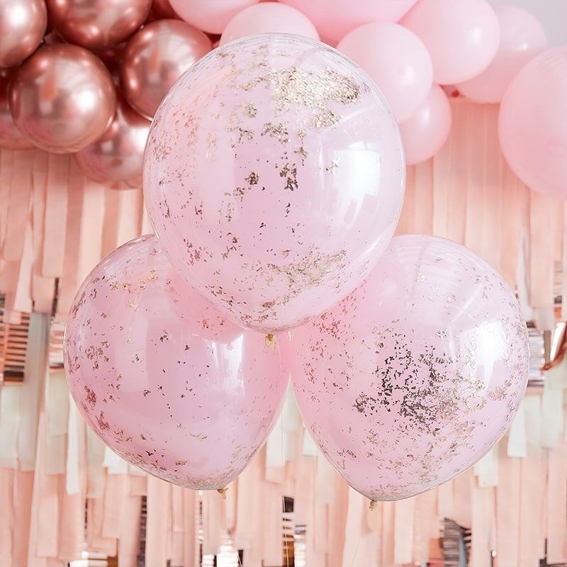 DOUBLE LAYERED PINK AND ROSE GOLD CONFETTI LATEX BALLOONS 3PCS