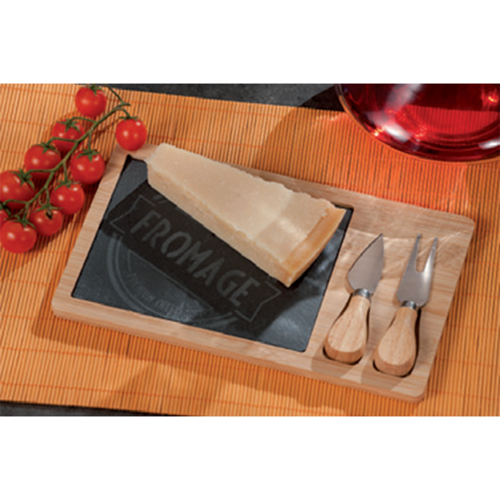 SLATE & BAMBOO CUTTING BOARD & 2 KNIVES 28.5X17CM
