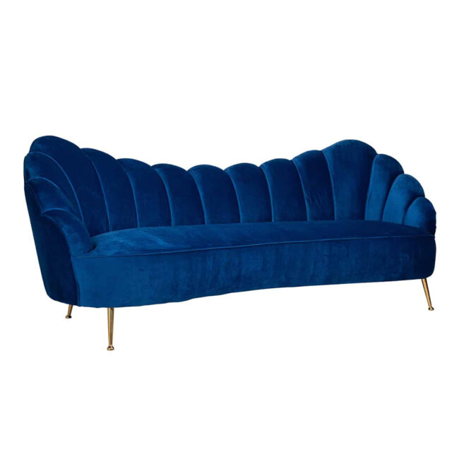 BENCH COSETTE 3 SEATS BLUE VELVET & GOLD 90X230X94CM