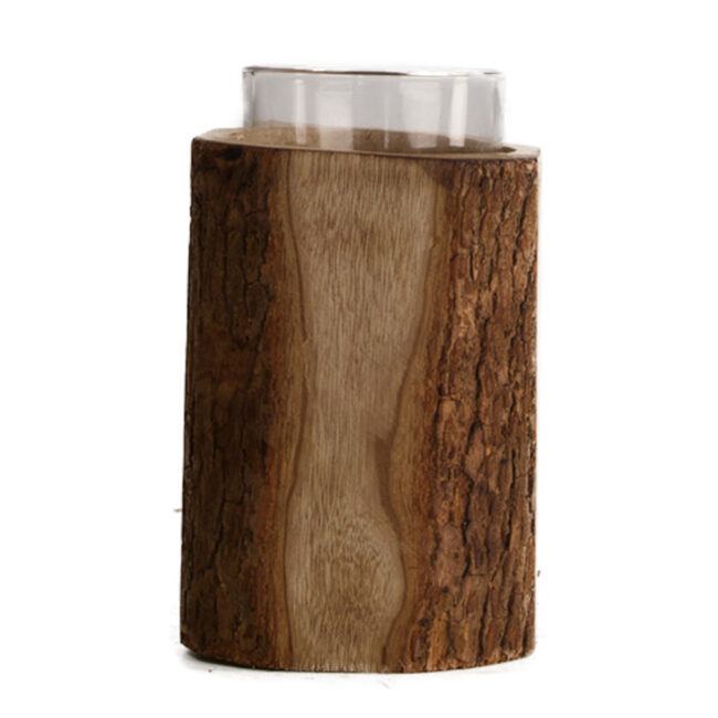 CANDLEHOLDER WOODEN WITH GLASS BROWN BURNED 9X18CM