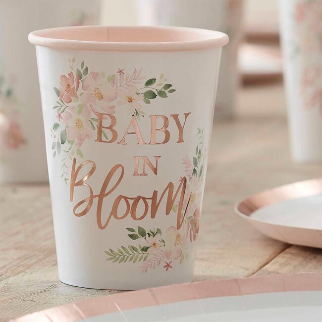 PAPER CUPS 'BABY IN BLOOM' FLORAL ROSE GOLD 9OZ 7.5XH9.5CM 8PCS - Image 3