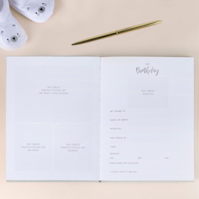 MEMORY BOOK 'HEY BABY YOUR FIRST YEARS' GREY SUEDE COVER & ROSE GOLD FOILING 16XH21CM 62 PAGES - Image 3