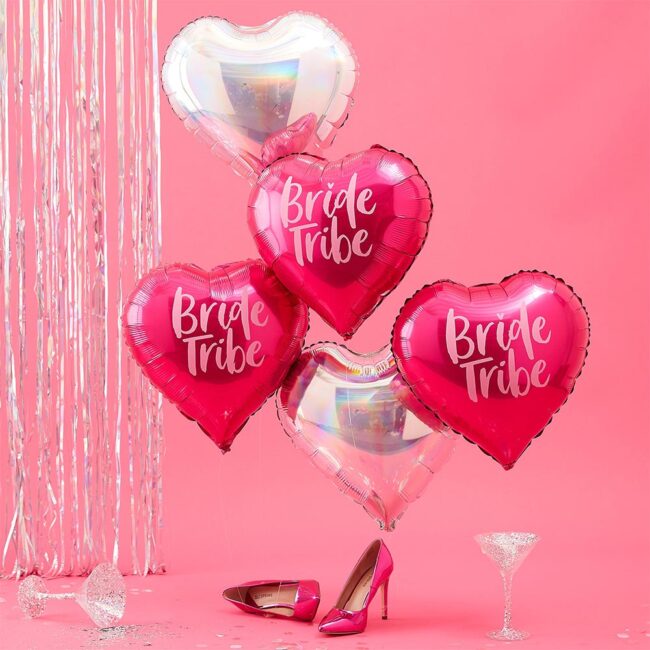 'BRIDE TRIBE' PINK 18'' & IRIDESCEBT HEART SHAPED 18'' FOILED HELIUM BALLOONS 5PCS - Image 3