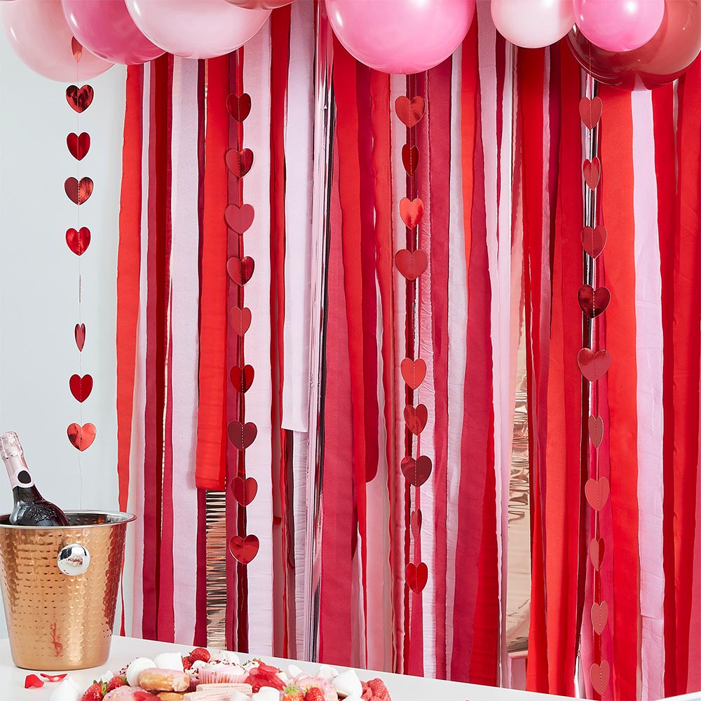 Red & Pink Balloon Arch Party Backdrop with Streamers and Paper Heart  Decorations