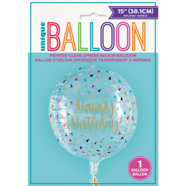 SPHERE HELIUM BALLOON 'HAPPY BIRTHDAY' CLEAR 38.1CM - Image 2