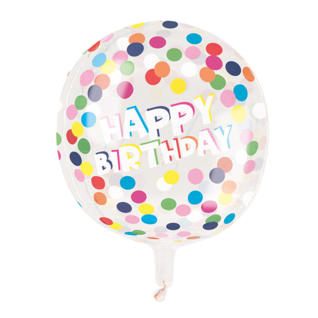 SPHERE HELIUM BALLOON 'HAPPY BIRTHDAY' CLEAR POLKA DOTS 38.1CM