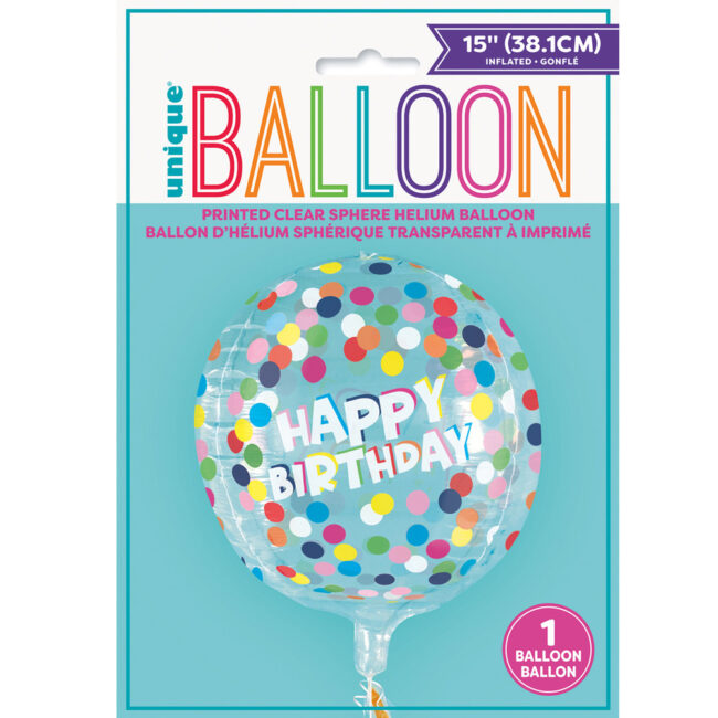 SPHERE HELIUM BALLOON 'HAPPY BIRTHDAY' CLEAR POLKA DOTS 38.1CM - Image 2
