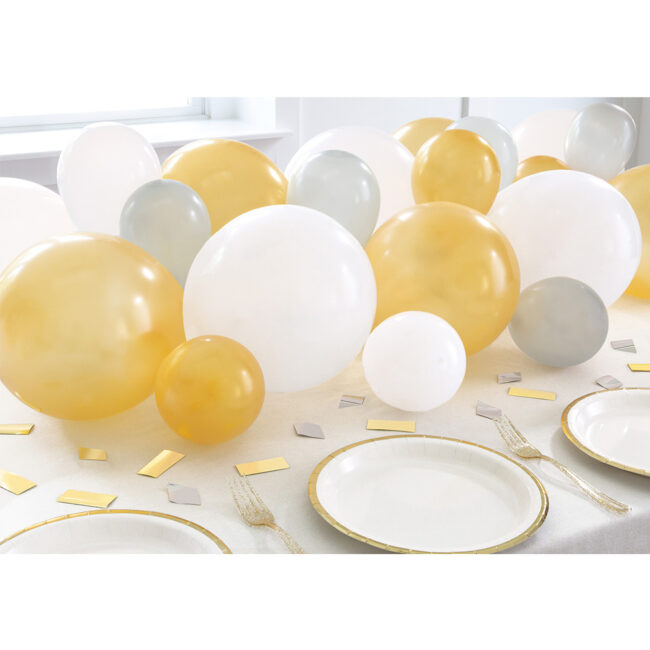 CENTERPIECE KIT BALLOONS WHITE SILVER GOLD & FOIL CONFETTI 28.3G - Image 2