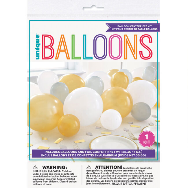 CENTERPIECE KIT BALLOONS WHITE SILVER GOLD & FOIL CONFETTI 28.3G