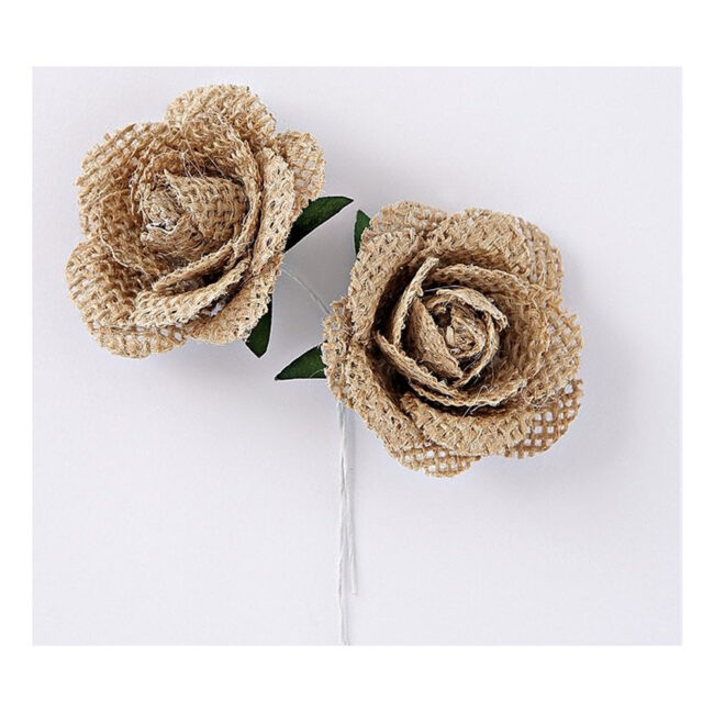 FABRIC FLOWERS BURLAP WITH STALK BEIGE 4PCS
