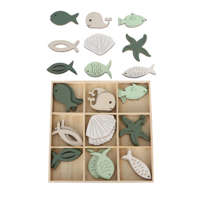 MIXED WOODEN FISHES SPRINKLES MIX GREEN/WHITE 16X1.5X16CM 36PCS