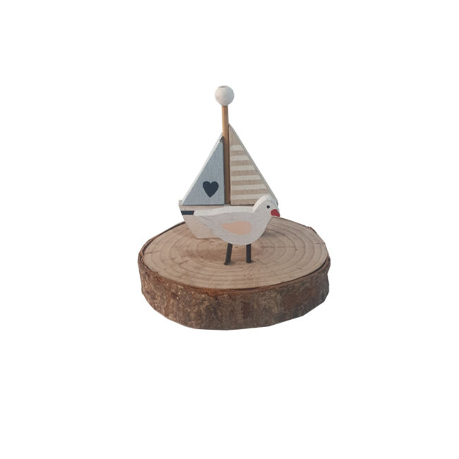 BIRD & BOAT IN A WOODEN SLICE BLUE/WHITE 9X9X12CM