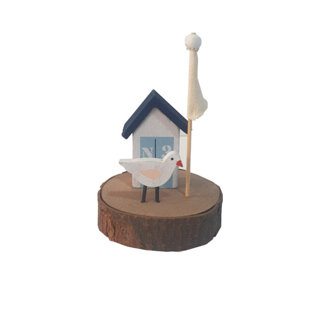 BIRD FLAG & HOUSE IN A WOODEN SLICE BLUE & WHITE 9X9X12CM