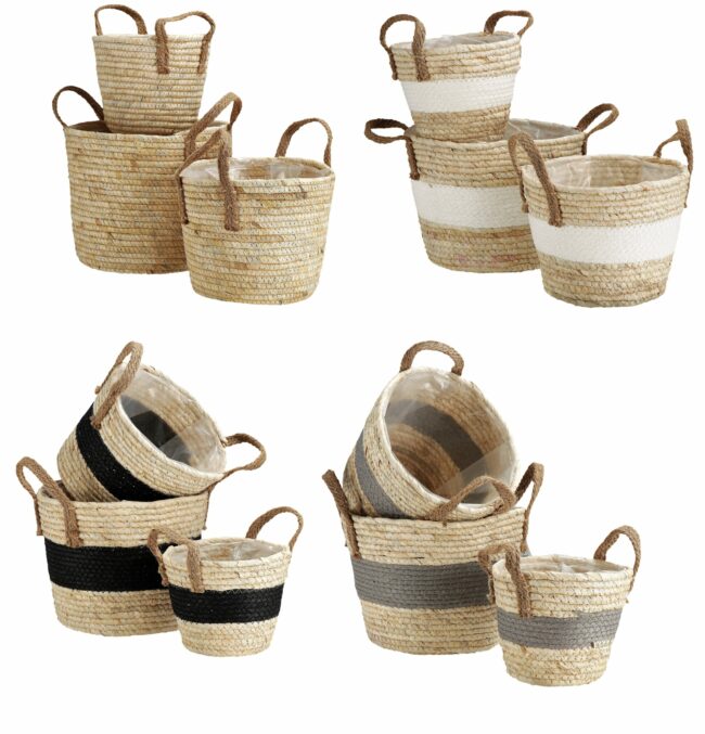 SET OF 3 PLANTERS GRASS FIBER & PAPER WITH HANDLES ASSORTED 20-29XH21-28CM