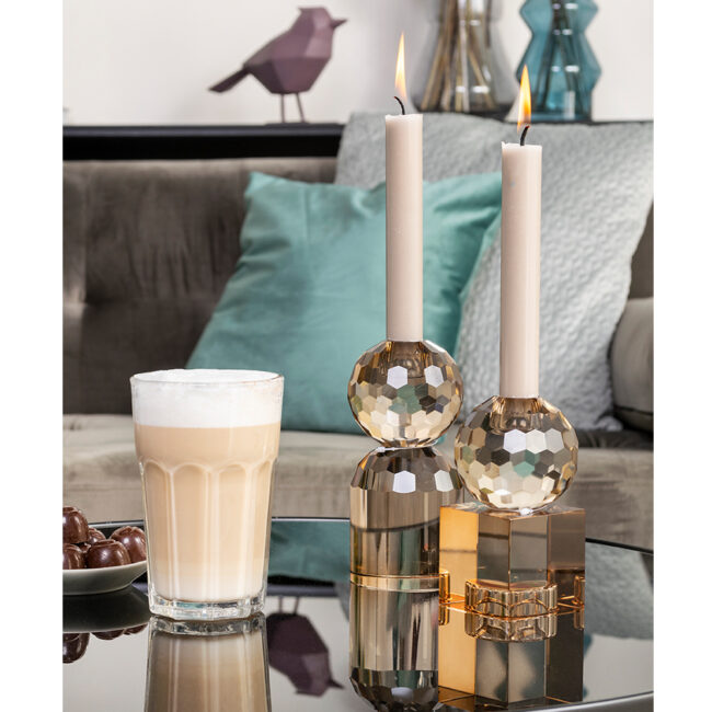 GLASS CANDLEHOLDER CRYSTAL ART SQUARER WITH BALL SAND BROWN 5.9X5.9X12.5CM - Image 2
