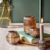 GLASS TEA LIGHT HOLDER VOTIVE SPARKLE LINES AMBER BROWN 8.5XH12.5CM - Image 2