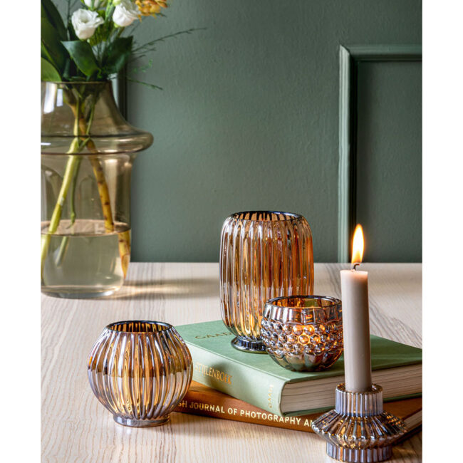 ROUND GLASS TEA LIGHT HOLDER VOTIVE SPARKLE AMBER BROWN 9.3XH8.8CM - Image 2