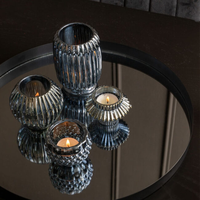 GLASS TEA LIGHT HOLDER VOTIVE SPARKLE LINES BLACK 8.5XH12.5CM - Image 2
