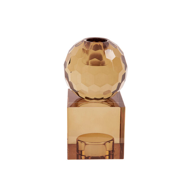 GLASS CANDLEHOLDER CRYSTAL ART SQUARER WITH BALL SAND BROWN 5.9X5.9X12.5CM