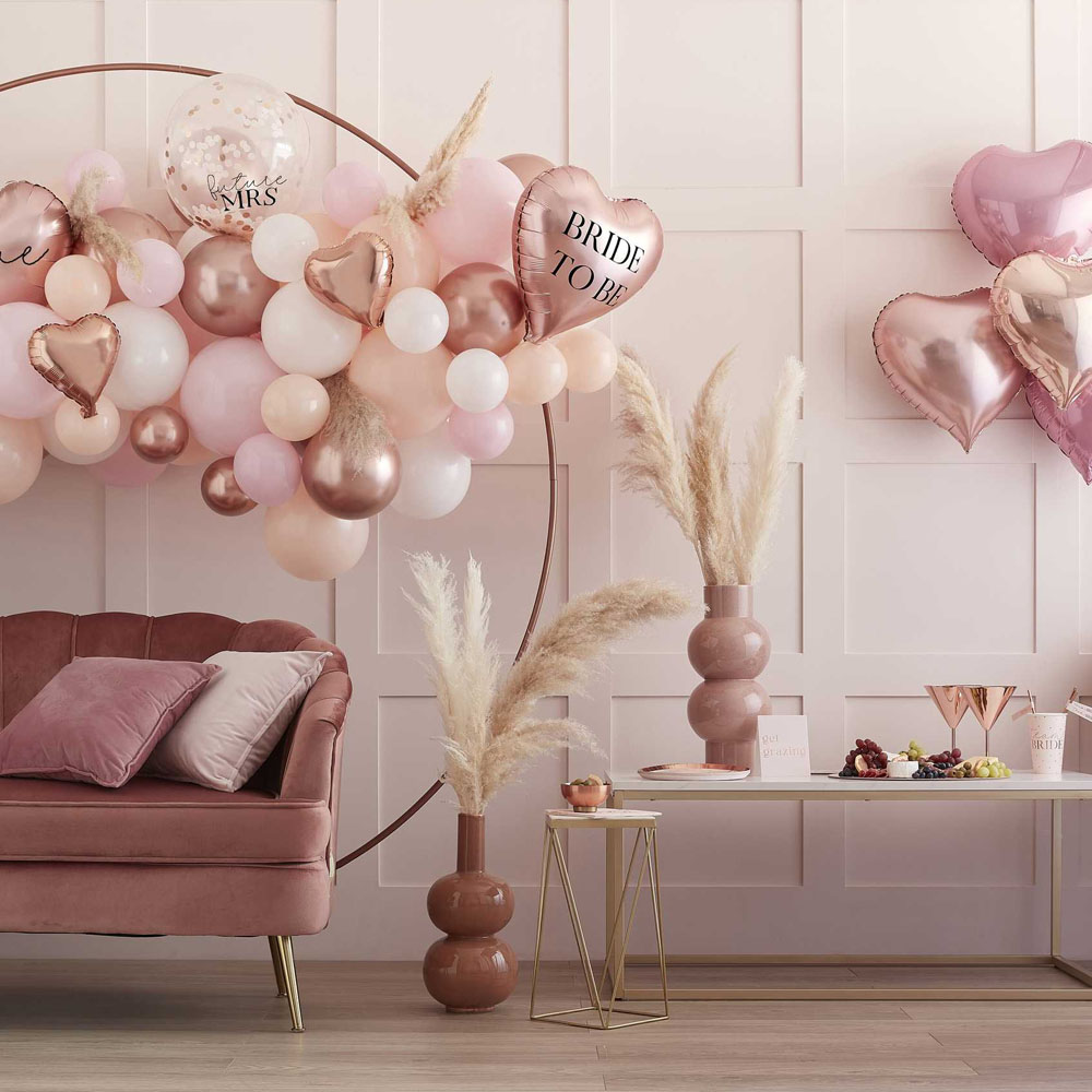 BEDROOM DECOR KIT 22 BALLOONS 'BRIDE' ROSE GOLD & 8 TASSELS 1M