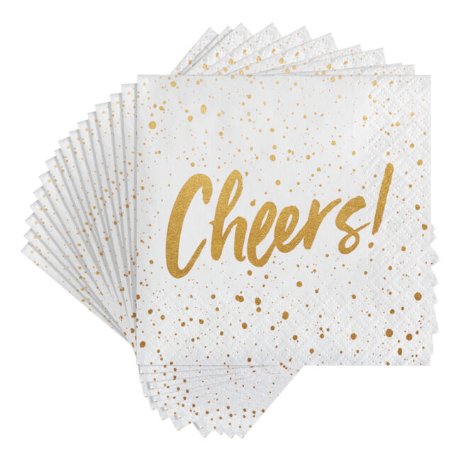 BEVERAGE NAPKINS 3PLY "CHEERS" WHITE/GOLD 13CM 24PCS - Image 3
