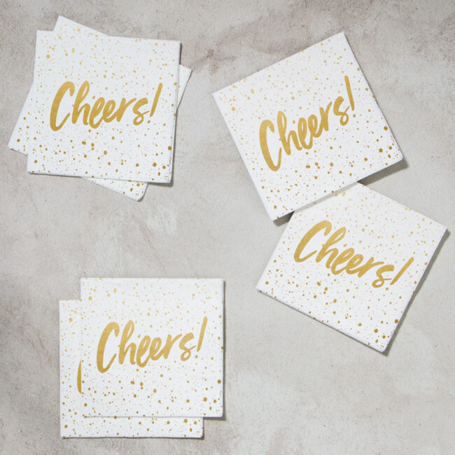 BEVERAGE NAPKINS 3PLY "CHEERS" WHITE/GOLD 13CM 24PCS - Image 4