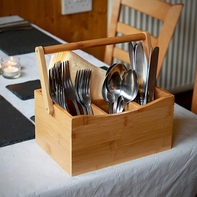 BAMBOO CUTLERY WOODEN TRAY NATURAL 24X18X26CM - Image 2
