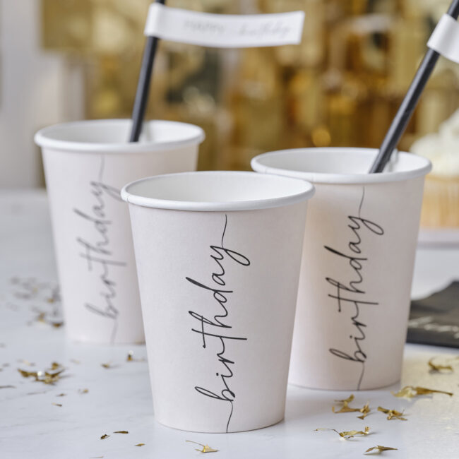 PAPER CUPS HAPPY BIRTHDAY NUDE & BLACK 266ML 8PCS - Image 3