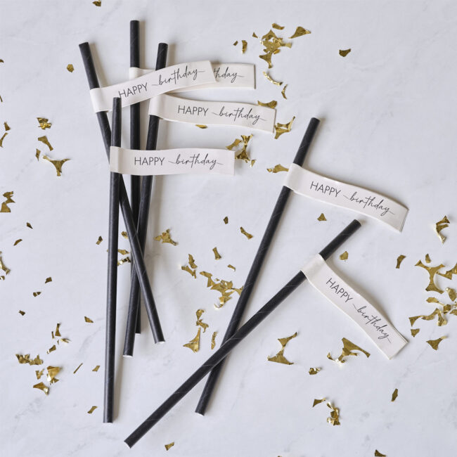 PAPER STRAWS HAPPY BIRTHDAY BLACK 20CM 16PCS - Image 3