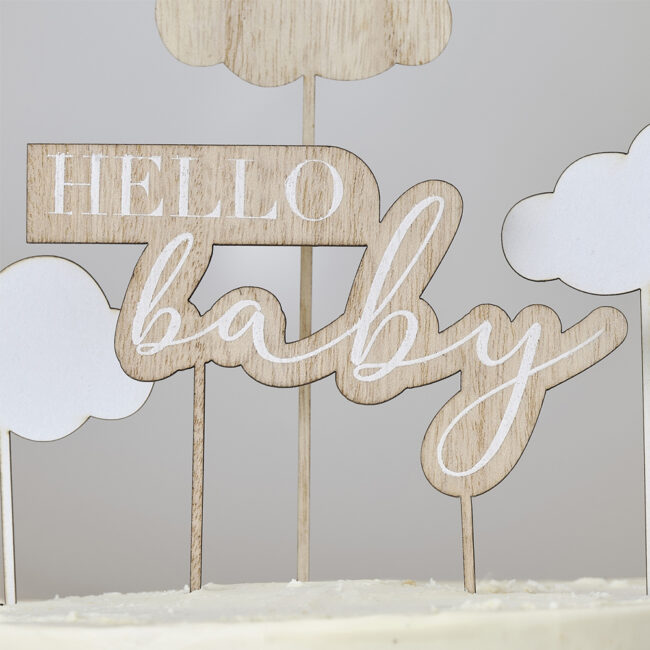 CAKE TOPPER HELLO BABY CLOUDS WOOD & FABRIC 12X12CM - Image 3