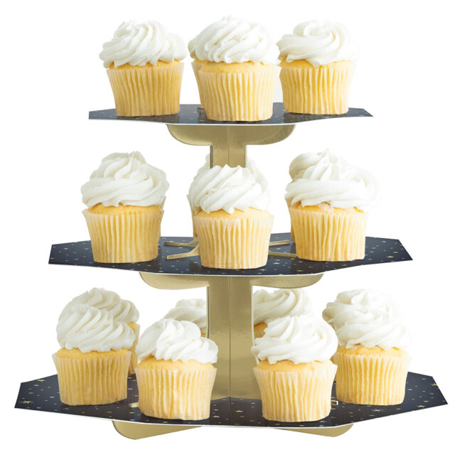 CUPCAKE STAND BLACK & GOLD TIERED 24X24X31CM - Image 2
