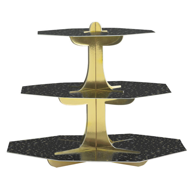 CUPCAKE STAND BLACK & GOLD TIERED 24X24X31CM