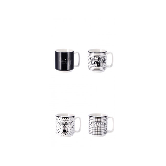 NEW BONE CHINA ASSORTED MUG 4 DECORS 330ML 9X7,5