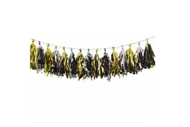 TASSEL GARLAND FOIL BLACK/GOLD/SILVER 20.3X243CM