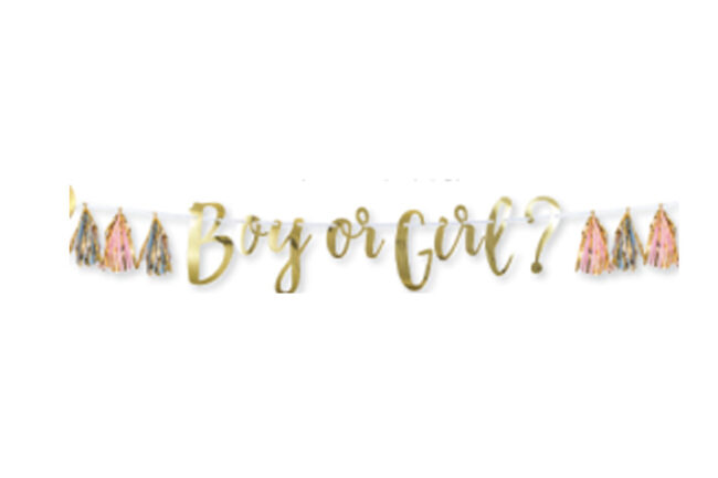 BANNER WITH TASSELS FOIL SHOWER DECOR PINK, BLUE AND GOLD "BOY OR GIRL" 17.7X150CM