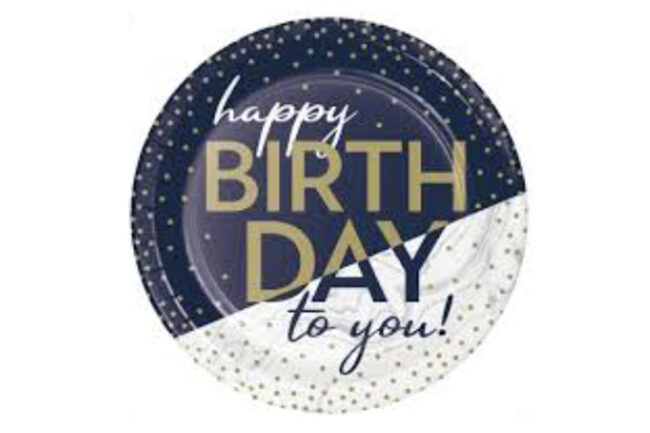 LUNCHEON PLATES HAPPY BIRTHDAY TO YOU NAVY & GOLD MILESTONE 8PCS