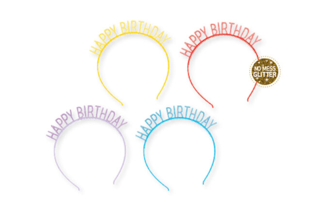 HEADBAND PLASTIC WITH GLITTER HAPPY BIRTHDAY 4PCS
