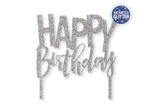 CAKE TOPPER SILVER ACRYLIC HAPPY BIRTHDAY 14X11.4CM