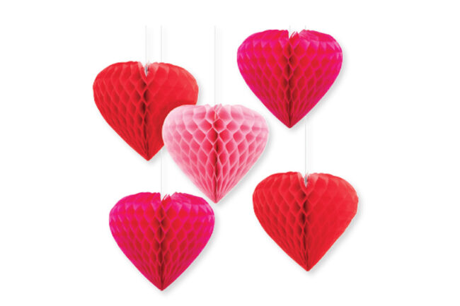 HANGING CUTOUTS WITH HONEYCOMB VALENTINE'S HEARTS 5PCS