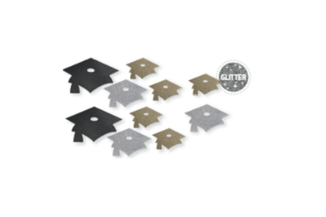 ASSORTED GLITTER CUTOUTS MORTARBOARDS BLACK/SILVER/GOLD 6PCS