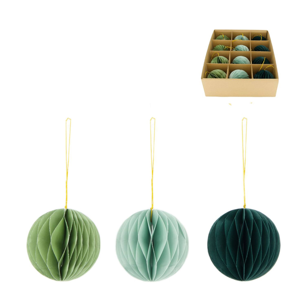 BAUBLE PAPER WITH HANGER ASSORTED 3 COLOUR FSC GREEN 8X8X8CM