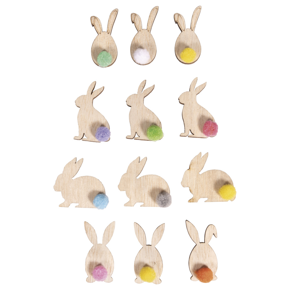 WOODEN SHAPES BUNNY FSC MIX CREDIT COLOURED 3-3.7CM 12PCS