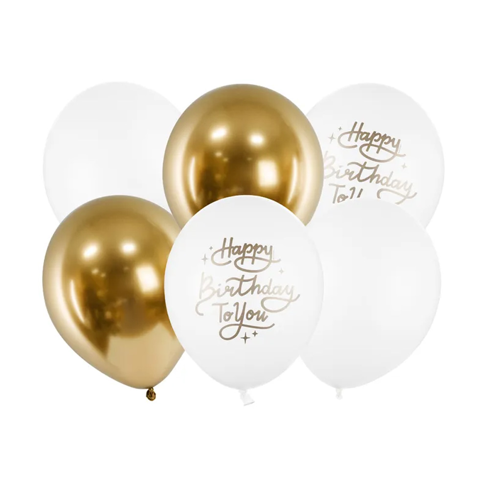 BALLOONS 30CM HAPPY BIRTHDAY TO YOU GOLD/WHITE 6PCS