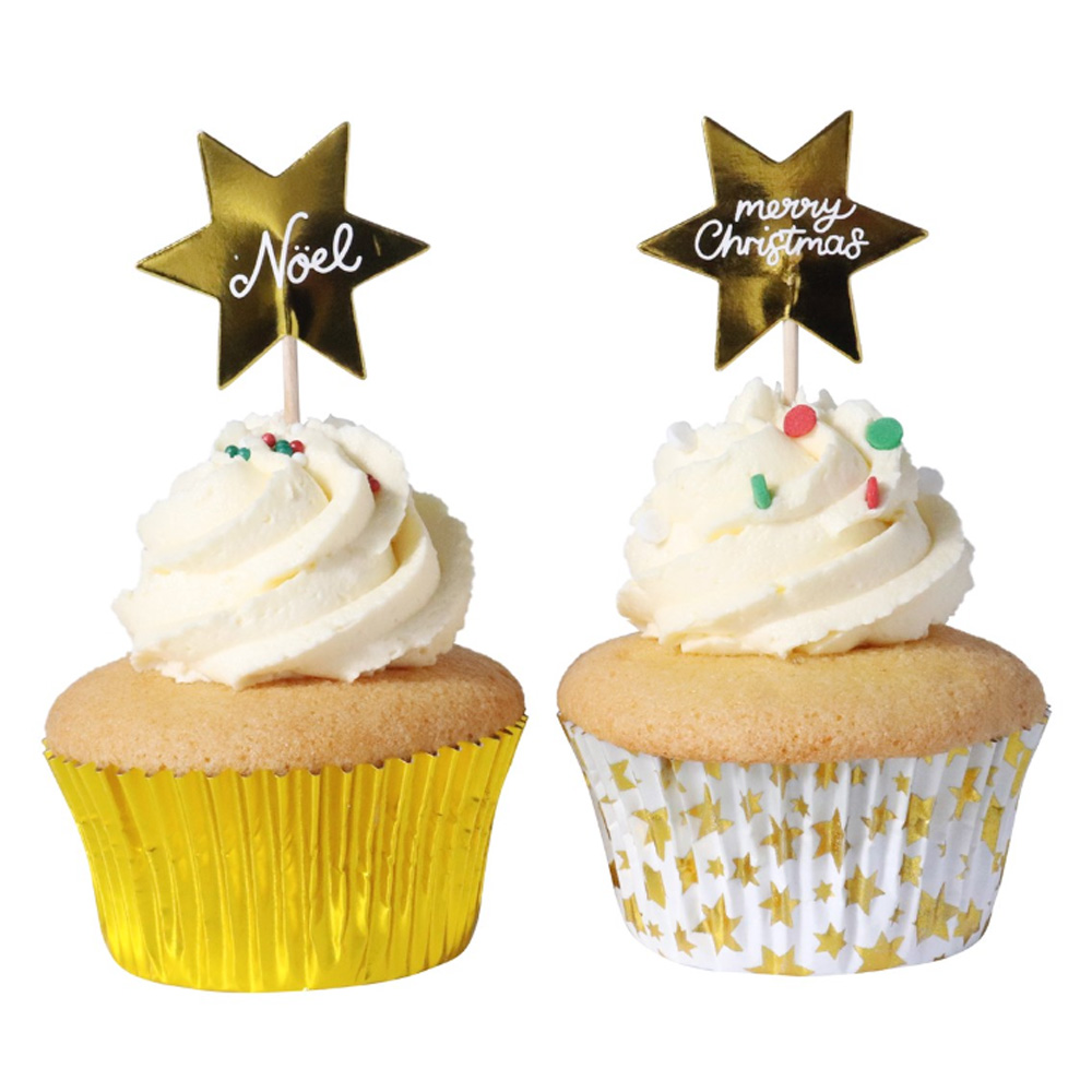 SET OF 24 CHRISTMAS CUPCAKE & TOPPER GOLDEN STARS - Image 3